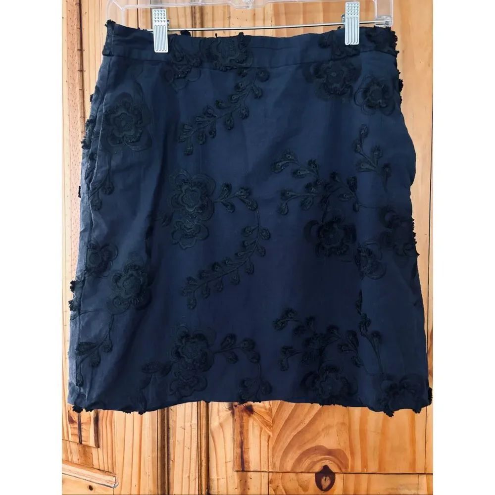 Banana Republic Navy Blue Skirt with Black Floral Embroidery